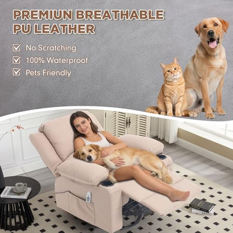 Comermax Faux Leather Swivel Rocker Recliner with Heat and Massage Cup Holders, Overstuffed Rocking Glider Chair Heated Massaging Reclining Chair,Beige Comermax