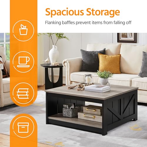 Yaheetech Farmhouse Coffee Table, Square Wooden Coffee Table for Living Room with Open Storage Shelf, 35.4 in Living Room Center Table for Home, Office, Reception Room, Gray & Black Yaheetech