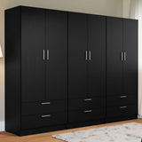 Madesa 6 Doors 6 Drawers Storage Cabinet Wardrobe with Shelves and Hanging Space 94" L Wooden Armoire Closet Organization Unit for Bedroom and Office (Black) Madesa