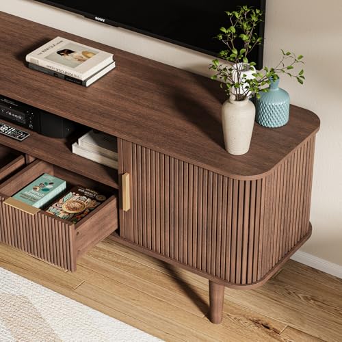 DAMCROP Fluted TV Stand, 62 Inch Mid Century Modern Media Console Table with Sliding Tambour Door Farmhouse Sideboard Buffet Cabinet Fits TVs up to 75 inch, Wood Entertainment Center for Living Room DAMCROP
