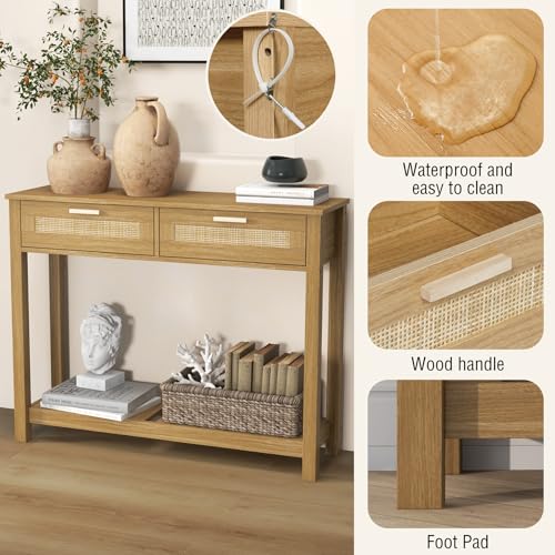 FUQARHY Console Table with 2 Rattan Drawers Boho Entryway Table with Storage Shelf, Narrow Wood Small Console Tables for Entryway, Entry Table for Hallway, Living Room, Foyer FUQARHY