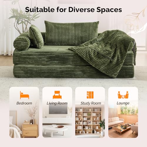 VINGLI Convertible Futon Sofa Bed, Upholstered Corduroy Boneless Couch King Size Floor Loveseat Sleeper Sofa with 2-in-1 Throw Pillow, Couches for Living Room, Bedroom, Lounge, Green VINGLI