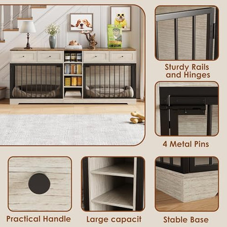 Takywep Double Dog Crate Furniture with Storage – 82" Large Indoor Kennel with 4 Drawers & 4 Shelves, Pet Crate TV Stand for Medium/Large Dogs, Washed White Takywep