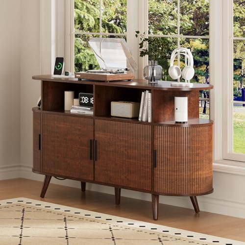 FURSUN 55" Large Round Record Player Stand, Record Storage Cabinet Holds Up 300 Albums with Charging Station & USB Ports, Fluted Modern Turntable Stand for Bedroom, Living Room, Dark Walnut FURSUN