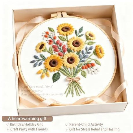 Sunflower Embroidery Kit for Beginners - All in One DIY Cross Stitch Starter with Hoop, Pre-Printed Fabric, Embroidery Threads, Needles,Perfect Craft Gift for & Home Decor Generic