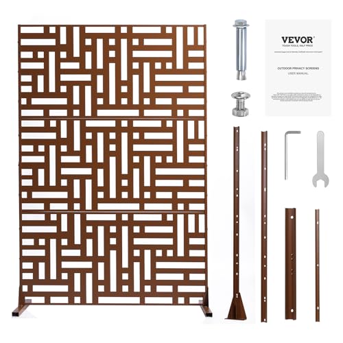 VEVOR Metal Privacy Screen, 36" W x 72" H, Outdoor Privacy Screens & Panels, Freestanding Outdoor Divider with Stand, 3-Panel Decorative Garden Steel Privacy Fence for Balcony Patio Indoor Room Brown VEVOR