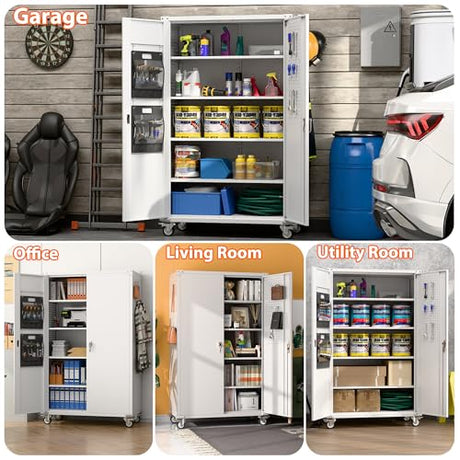 Aobabo Extra Large Garage Storage Cabinet on Wheels, Metal Storage Cabinets with 4 Adjustable Shelves, 3 Pegboards and 2 Tool Pouches for Home Office Stash, Assembly Required Aobabo