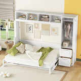 YOPTO Queen Size Horizontal Murphy Bed,Hidden Folding Wall Bed Frame with Built-in Top Shelf,Side Wardrobe & 2 Storage Drawers,Multipurpose Platform Bed,Space Saving,for Guest Room,Home Office,White YOPTO