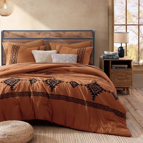 MaiRêve Embroidery Comforter Set, Boho Farmhouse Western Bedding Set, All Season Bed in A Bag Comforter Set with Sheets, Pillowcases & Shams, Burnt Orange King 7 Pieces MaiRêve