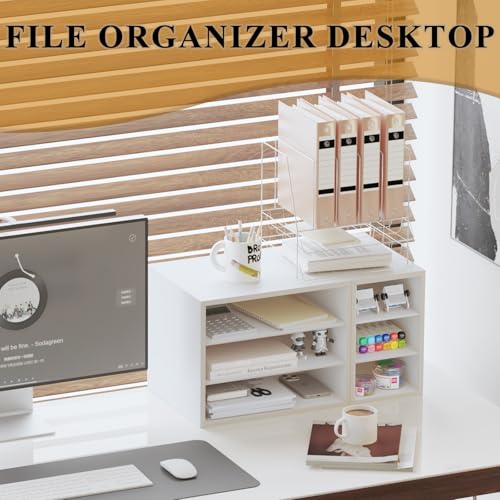 MARTY Printer Stand with Storage for Desk Large Desktop Printer Stand Shelf Riser with 6 Storage Compartments Wood Desk Paper Organzier File Organizer for Home/Office, White MARTY