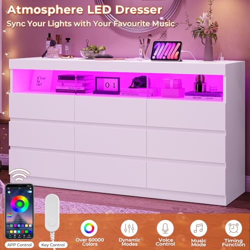 HAUOMS 9 Drawer Dresser for Bedroom with LED Lights, Large Chest of Drawers Handle Free, Modern White Long Dressers with Charging Station,for Living Room,Cloakroom,Entryway HAUOMS