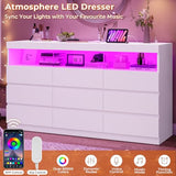 HAUOMS 9 Drawer Dresser for Bedroom with LED Lights, Large Chest of Drawers Handle Free, Modern White Long Dressers with Charging Station,for Living Room,Cloakroom,Entryway HAUOMS