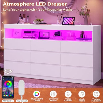 HAUOMS 9 Drawer Dresser for Bedroom with LED Lights, Large Chest of Drawers Handle Free, Modern White Long Dressers with Charging Station,for Living Room,Cloakroom,Entryway - WoodArtSupply