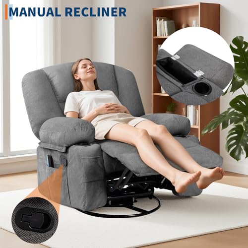 Massage Recliner Chair for Living Room, Chenille Rocker Recliner Chair for Adults with Vibration Massage and Heat, Adjustable Home Theater Seating for Living Room, Bedroom, 360° Swivel, Grey