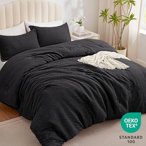 EXQ Home Waffle Comforter Queen Size - Super Soft Embossed Design Comforter Set 3 Pieces, Black 3D Diamond Pattern Bedding Set,Winter Warm Bed Set,1 Comforter with 2 Pillowcases EXQ Home