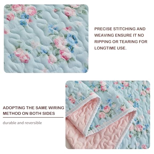 Joyreap Twin Size Floral Quilt Set for Girls, Pink Flowers on Blue Design, 3pcs Microfiber Lightweight Quilt Bedding Set, Bedspread Bed Cover for All Season- 68x88 inches Joyreap