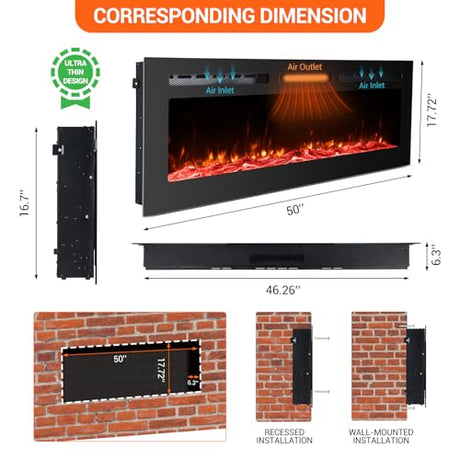 50 Inch Built-In Electric Fireplace, 750/1500W Wall Mounted Recessed Heater with Remote, Timer, Touchscreen, 12 Flame Effects, Adjustable Brightness, Low Noise Linear Fireplace for Living Room Bedroom Hipicute