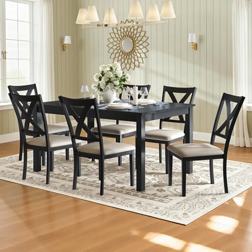 LUXOAK 7-Piece Solid Wood Dining Table Set, 60" Farmhouse Dining Table with 6 Chairs, Rectangular Table Set for 6, Kitchen & Dining Room Furniture, Grey & White LUXOAK