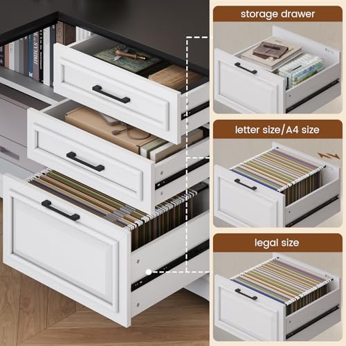 SEDETA Farmhouse 61" Executive L Shaped Desk, Home Office Desk with File Drawers, Computer Desk with Power Outlets and Storage Shelves for Home Office, White SEDETA