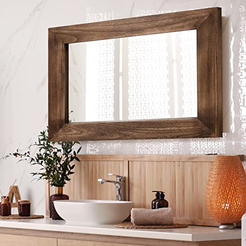 MAXYOYO Rustic Wood Wall Mirror for Bathroom, 24" x 32" Wood Framed Mirror Farmhouse Style Bathroom Vanity Mirror, Vertical or Horizontal Hanging, Brown - WoodArtSupply