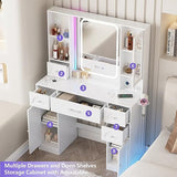 White Vanity Desk with Mirror and Lights,Makeup Vanity with RGB Lights and Power Strip,Makeup Desk Vanity Table with 5 Drawers Lots Storage & Time Display,3 Lighting Modes LED Lighted Mirror,41.3in(L) Fameill