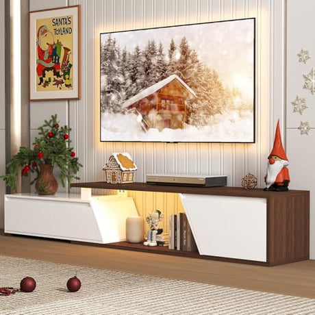 Verano Garden Extendable TV Stand with Led Lights, Wood TV Media Console with 2 Drawers & 1 Cabinet, Modern Entertainment Center Up to 90 Inch TV for Living Room Bedroom, 63" - 90.6" (White & Walnut) Verano Garden