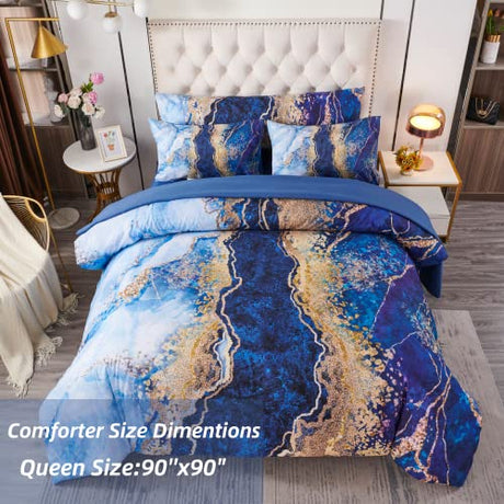 PERFEMET 6 Pcs Bed-in-A-Bag Queen Size Blue Watercolor Marble Printed Comforter Set with Matched Bed Sheets, Colorful Retro Artwork Style Bedroom Collections, Soft Lightweight Quilt Set(Blue,Queen) PERFEMET