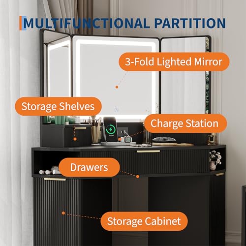 Garvee Black Corner Vanity, Corner Vanity Desk with Mirror and Lights, Fluted Makeup Table with Charging Station, Drawers, Storage Cabinets Garvee