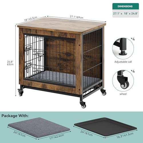 YITAHOME Dog Crate Furniture with Cushion, Dog Kennel Indoor with Wheels, Dog Crate End Table with Tray, 27" Dog Cage with Double Doors for Small Dog (Rustic Brown) YITAHOME