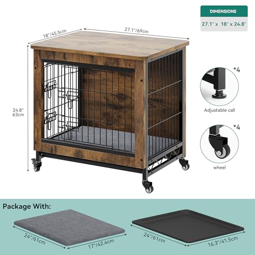 YITAHOME Dog Crate Furniture with Cushion, Dog Kennel Indoor with Wheels, Dog Crate End Table with Tray, 27" Dog Cage with Double Doors for Small Dog (Rustic Brown)