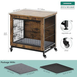 YITAHOME Dog Crate Furniture with Cushion, Dog Kennel Indoor with Wheels, Dog Crate End Table with Tray, 27" Dog Cage with Double Doors for Small Dog (Rustic Brown) YITAHOME
