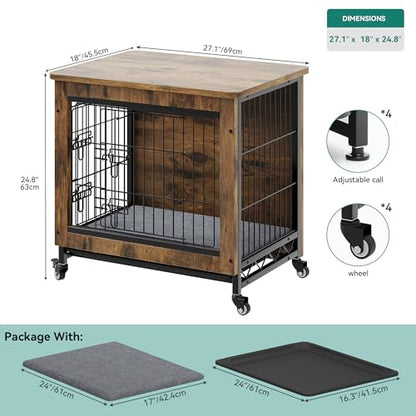 YITAHOME Dog Crate Furniture with Cushion, Dog Kennel Indoor with Wheels, Dog Crate End Table with Tray, 27" Dog Cage with Double Doors for Small Dog (Rustic Brown)