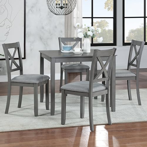 Harper & Bright Designs Modern 5-Piece Wooden Dining Table Set for 4, Grey Square Kitchen Table & 4 Upholstered Seating Chairs, Acacia/Birch Veneer, Space-Saving Design for Dining Room & Small Spaces Harper & Bright Designs