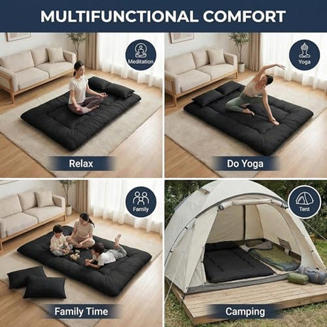 Cosovia Japanese Floor Mattress Futon Mattress, 3.5 Inch Thick Foldable Roll Up Tatami Mat with 2 Pillow Covers, Twin Size Floor Bed for Guest Room Dorm Camping Kids, Black Cosovia
