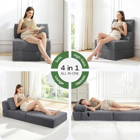 MEGAYES 4-in-1 Folding Sofa Bed Convertible Chair Couch Foldable Chaise Lounger & Mattress Pocket Coils+Foam Fill, Portable No Assembly Boneless Sofa Floor Futon for Living Room/Bedroom, Gray Single MEGAYES