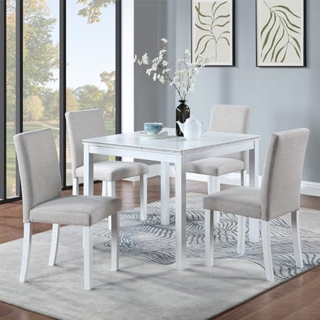 LUMISOL Dining Table Set for 4, 5-Piece Solid Wood Kitchen Table Set with 4 Upholstered Chairs for Kitchen, Dining Room, Home Bar, White LUMISOL
