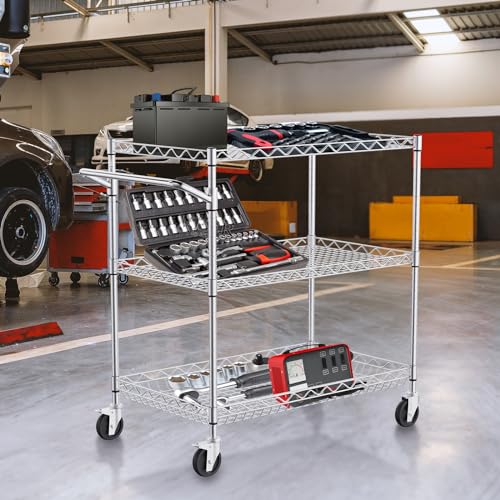 VEVOR Kitchen Utility Cart, 3 Tiers, Wire Rolling Cart with 661 LBS Capacity, Steel Service Cart on Wheels, Metal Storage Trolley with 80 mm Deep Basket Curved Handle 6 Hooks, NSF Listed