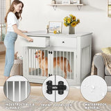 PUKAMI 44inch Large Dog Crate Furniture with Drawers, Wooden Dog Kennel Furniture for Indoor use, White End Table Dog House, for Small/Medium/Large Dog PUKAMI