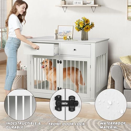 PUKAMI 44inch Large Dog Crate Furniture with Drawers, Wooden Dog Kennel Furniture for Indoor use, White End Table Dog House, for Small/Medium/Large Dog PUKAMI