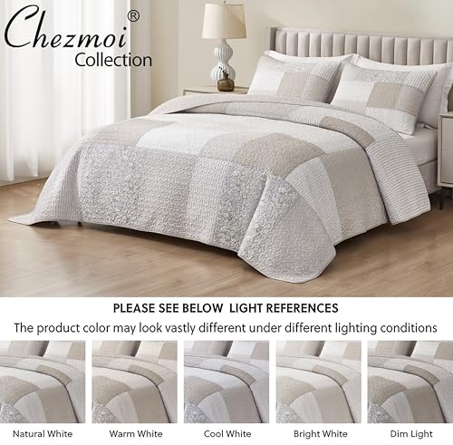 Chezmoi Collection Quinn 3-Piece Neutral Taupe Gray White Floral Hibiscus Flower Candy Stripe Patchwork Quilt Set - Pre-Washed Cotton Coverlet - Lightweight Reversible Bedspread, Queen Size Chezmoi Collection