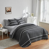Flysheep Dark Grey Boho Quilt Set Full Queen Size, 3 Pcs White Striped on Gray Reversible Bedspread, Brushed Microfiber Coverlet for All Season, 1 Quilt + 2 Pillow Shams Flysheep