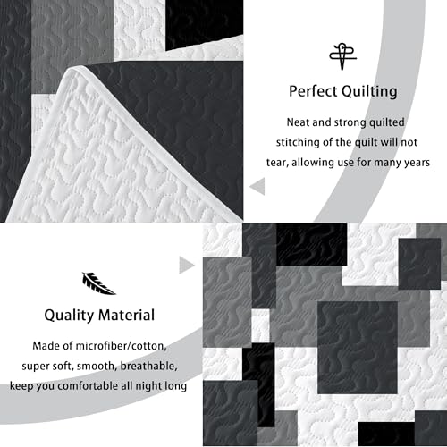 Tyrot 3 Piece Black Grey Quilt Set Full/Queen Size Black White Geometric Reversible Bedding Set Microfiber Lightweight Bedspread Coverlet with 2 Shams Modern Bed Covers for All Season, 90''x96'' Tyrot
