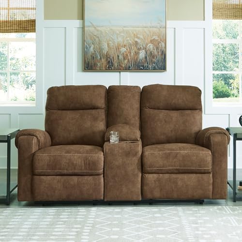 Signature Design by Ashley Edenwold Contemporary Faux Leather Manual Reclining Loveseat with Console, Storage and Cup Holders, Dark Brown Signature Design by Ashley