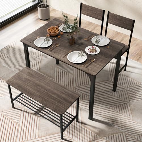 Tangkula Dining Table Set for 4, Kitchen Table and 2 Chairs for 4 with Bench, 4 Piece Dining Table Set for Small Space, Apartment Tangkula