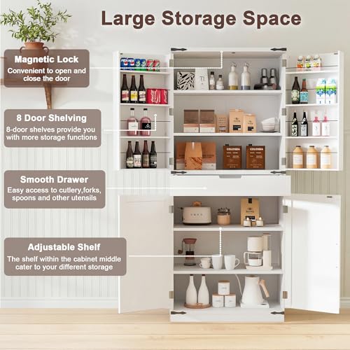 GRUSIGN 72" Kitchen Pantry Storage Cabinet with Doors and Shelves, Wood Farmhouse Pantry Storage with Barn Doors for Kitchen, Dining Room, Living Room GRUSIGN