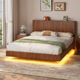 Evermagin Walnut Queen Floating Bed Frame with Headboard, Mid Century Modern Fluted Platform Bed with LED Lights, Heavy Duty Floating Bedframe with Charging Station, No Box Spring Needed Evermagin