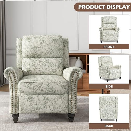 UIXE Floral Pushback Recliner Chair, Fabric Overstuffed Armchair Push Back Accent Chair for Living Room, Rivet Trim Club Chair Home Theater Single Sofa Bedroom Side Reading Seat - Rococo Green UIXE