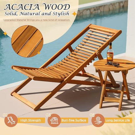 Flamaker 3-Piece Acacia Wood Patio Set, Chaise Lounge Chairs for 2 and Side Coffee Table, Adjustable and Foldable, for Pool, Beach, Backyard, No Assembly Flamaker