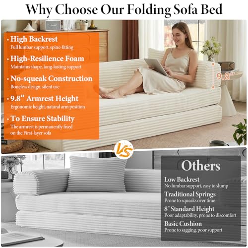 78 Inch Convertible Futon Sofa Bed,Folding Boneless Couch with Sleeper Sofa,Fold Out Floor Sofa Couch with Deep Seat,Cloud Corduroy Foldable Mattress Couches for Living Room(Off White) ZKJOLMN