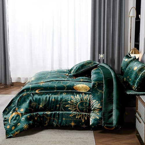 Sun and Moon Comforter Set Blue Green Satin Bedding King Stars Cloud Galaxy Comforter Mysterious Celestial Theme Silk Like Silky Bed in A Bag with Comforter and Sheets Bedorm